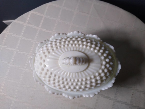 Fenton hobnail milk glass legged butter dish with lid - Picture 2 of 5
